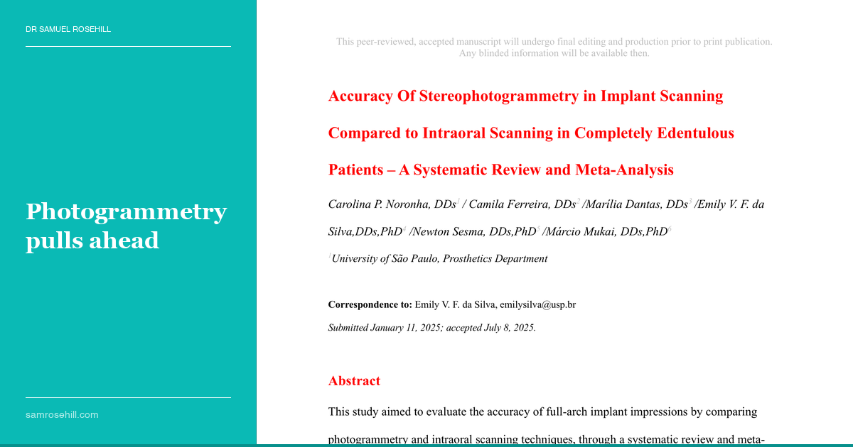 Photogrammetry Beats Intraoral Scanning for Full-Arch Implant Accuracy — and It Is Not Close